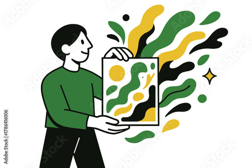 Mixed Media Masterpiece. Imaginative fusion. A person presenting a finished mixed media artwork, layers of