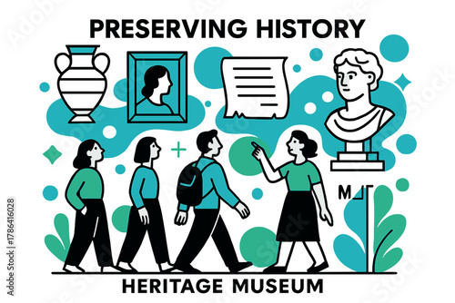 Exploring Cultural Heritage. Heritage museums. Visitors explore a museum hall with floating exhibits of