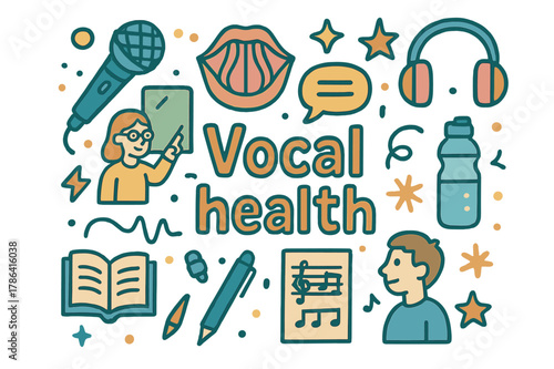 Vocal Health Doodle. Vocal health. Hand-drawn doodle illustration of vocal health. Microphone, vocal cords,