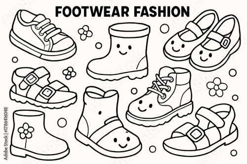 Children's Footwear Coloring. Footwear fashion children?s coloring book illustration, outlined drawing,