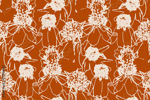 Rust Orange Floral Line Art Seamless Pattern. Botanical design creates a modern, organic, and artistic feel perfect for textile prints, wallpapers, wrapping paper, packaging, and fashion fabrics.