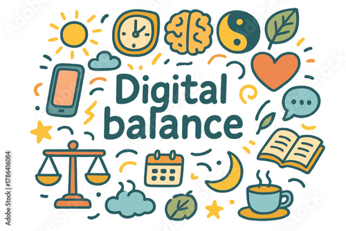 Digital Balance Doodle. Digital balance. Hand-drawn doodle illustration of digital balance. Smartphone, clock,