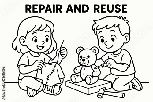 Kids Fixing Toys. Repair and reuse children?s coloring book illustration, outlined drawing, kids fixing a toy