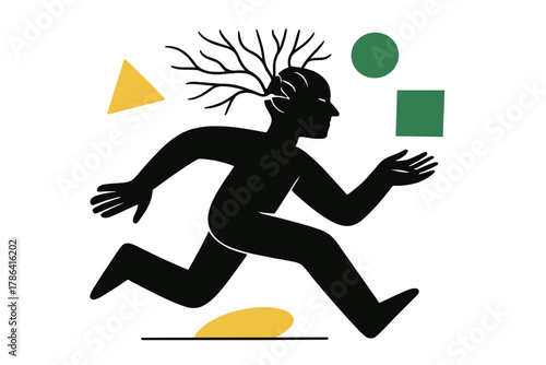 Mindful Motion Art. Mind in motion. Abstract human silhouette with neural lines radiating outward like