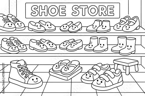 Smiling Shoes Store. Shoe store children?s coloring book illustration, outlined drawing, cartoon shop with