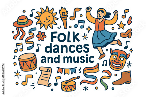 Folk Dance Celebration. Folk dances and music. Hand-drawn doodle illustration of folk dances and music. Music