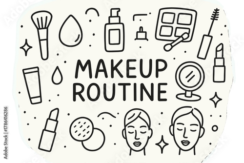 Makeup Routine Doodle. Makeup Routine. Hand-drawn doodle illustration of Makeup Routine. brush, sponge,