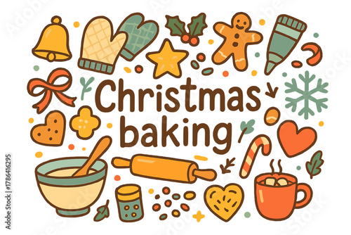Festive Baking Doodles. Christmas baking. Hand-drawn doodle illustration of Christmas baking. Rolling pin,