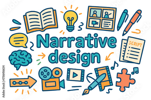 Narrative Design Doodles. Narrative design. Hand-drawn doodle illustration of Narrative design. Open book,