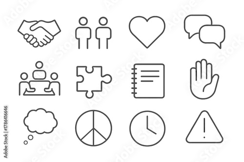 Mending Relationships Icons. Mending relationships. Line outline icon set of mending relationships: handshake,