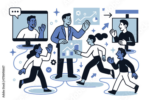 Futuristic Virtual Trade Show. Virtual trade show. People interacting through video screens and holographic