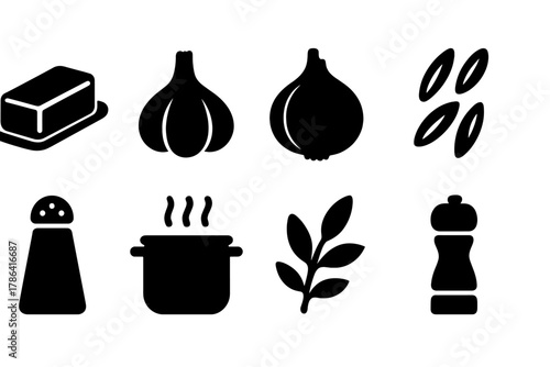Cooking Ingredient Icons. Cooking ingredients. Filled icon set of cooking ingredients: butter stick, garlic