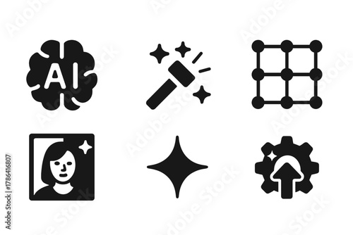 AI Restoration Icons. AI-assisted restoration. Filled icon set of AI-assisted restoration: AI brain, magic