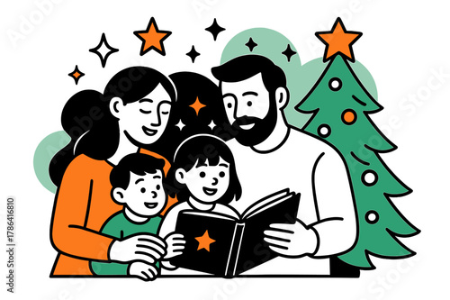 Christmas Storytime Magic. Holiday harmony. Parents reading a storybook to children near the Christmas tree,