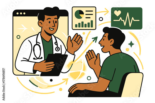 Dynamic Telemedicine Scene. Telemedicine consultation. Doctor video-calling patient with charts and vital