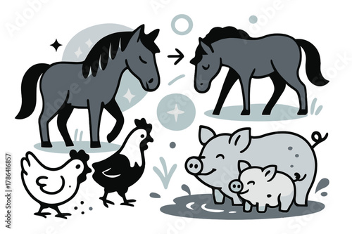 Barnyard Bliss. Barnyard harmony. Horses grazing nearby, chickens pecking around, pigs wallowing, with glowing