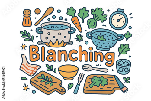 Blanching Doodle Illustration. Blanching. Hand-drawn doodle illustration of blanching. Pot with water,