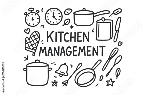 Kitchen Tools Doodle. Kitchen Management. Hand-drawn doodle illustration of Kitchen Management. timer, clock,