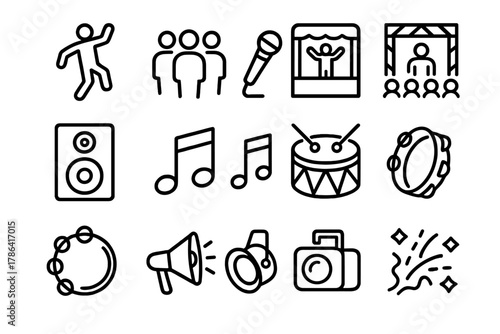 Street Entertainment Icons. Street entertainment. Line outline icon set of street entertainment: dancer, crowd