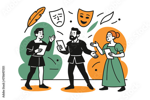 Shakespearean Rehearsal Scene. Stage rehearsal. Actors practicing lines with floating abstract props, quills,