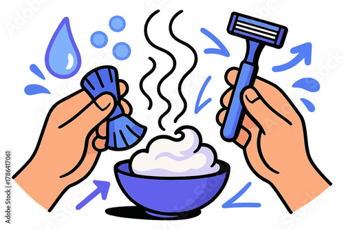 Dynamic Shaving Routine. Morning routine. Hands holding a razor and brush, glowing steam rising from a bowl of