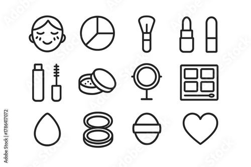 Natural Makeup Icons. Natural makeup look. Line outline icon set of natural makeup look: blush, bronzer, brush