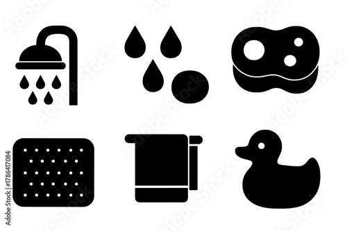 Shower Icon Grid. Shower time. Filled icon set of shower time: showerhead, water droplets, soap, sponge, bath