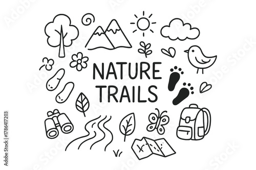 Nature Trails Doodle. Nature Trails. Hand-drawn doodle illustration of Nature Trails. tree, mountain, flower,