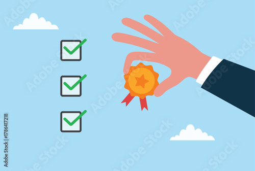 Vector illustration of a hand holding a quality badge beside completed checkboxes, symbolizing quality assurance, certification, standard compliance, verified process, and successful task completion
