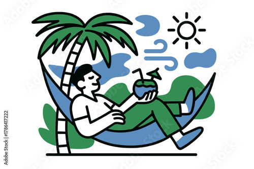 Tropical Hammock Relaxation. Tropical break. A person reclining in a hammock, holding a coconut drink while