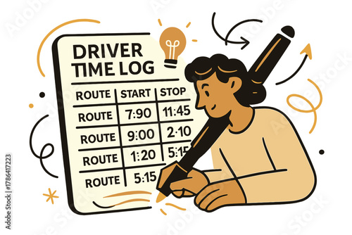 Diligent Timekeeping Artistry. Driver time log. Person writing start and stop times next to route entries;