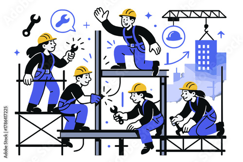 Skyscraper Construction Dynamics. High-rise construction workers building skyscrapers. Workers on scaffolding