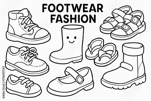 Kids Footwear Coloring. Footwear fashion children?s coloring book illustration, outlined drawing, cheerful