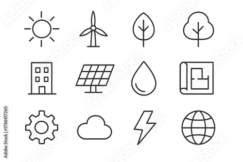 Climate Icon Set. Climate-conscious design. Line outline icon set of climate-conscious design: sun, wind