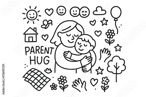 Parent-Child Embrace. Parent Hug. Hand-drawn doodle illustration of a child receiving a hug from a parent.