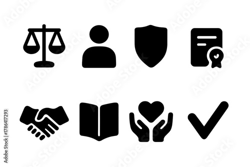 Integrity Icon Set. Integrity. Filled icon set of integrity: balance scale, person silhouette, shield,