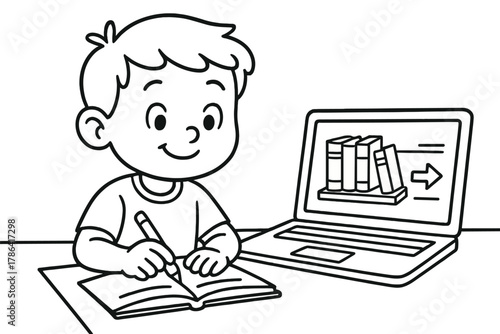 Online Learning Adventure. Studying online children?s coloring book illustration, outlined drawing, happy