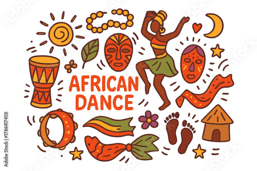 Vibrant African Dance. African dance. Hand-drawn doodle illustration of African dance. Drum, dancer, mask,