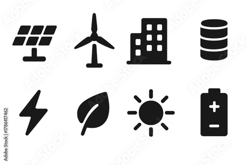 Renewable Energy Icons. Renewable energy integration. Filled icon set of renewable energy integration: solar