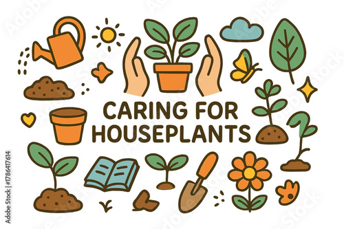 Houseplant Care Doodle. Caring for houseplants. Hand-drawn doodle illustration of caring for houseplants.