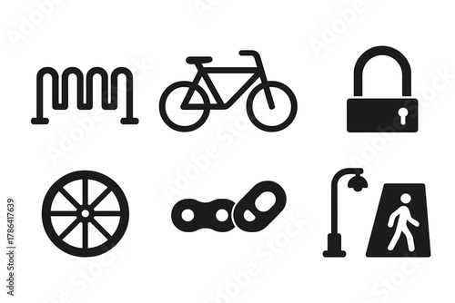 Urban Bike Icon Set. Urban Bike Storage. Filled icon set of Urban Bike Storage: bike rack, bicycle, lock,