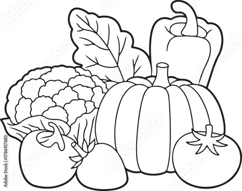 Line art illustration of a fresh vegetable group, healthy food