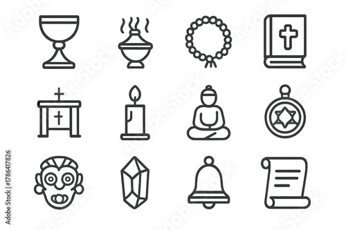 Sacred Artifacts Icons. Sacred artifacts. Line outline icon set of sacred artifacts: chalice, incense burner,