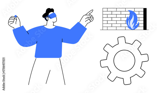 Man wearing a virtual reality headset gestures toward a brick wall with a flame and a gear symbol. Ideal for technology, cybersecurity, data protection, VR applications, innovation, firewalls