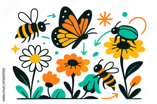 Pollinators in Harmony. Pollinators at work. A garden view with bees, butterflies, and beetles buzzing over