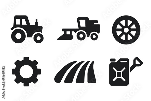 Farm Equipment Icons. Farm machinery. Filled icon set of farm machinery: tractor, plow, harvester, wheel, gear