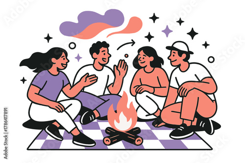 Campfire Friendship Vibes. Outdoor bonding. Friends sitting around a glowing campfire or picnic blanket,