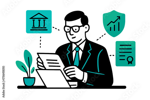 Regulatory Oversight Scene. Administrative oversight. Government official checking files with floating