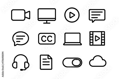 Video Transcription Icons. Video transcription. Line outline icon set of video transcription: video camera,