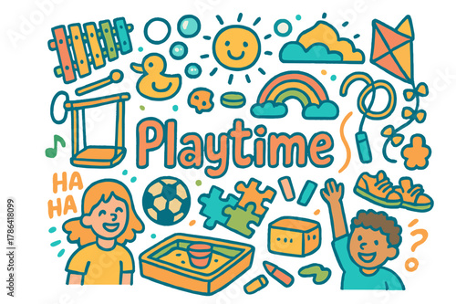 Playful Doodle Extravaganza. Playtime. Hand-drawn doodle illustration of Playtime. Toys, swings, jump rope,